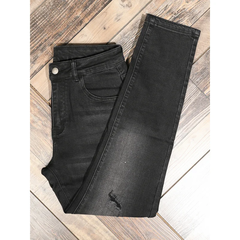 

High end black jeans for men, trendy brand, fashionable street ruff, handsome, ripped hole patch, elastic slim fit, short leg pa