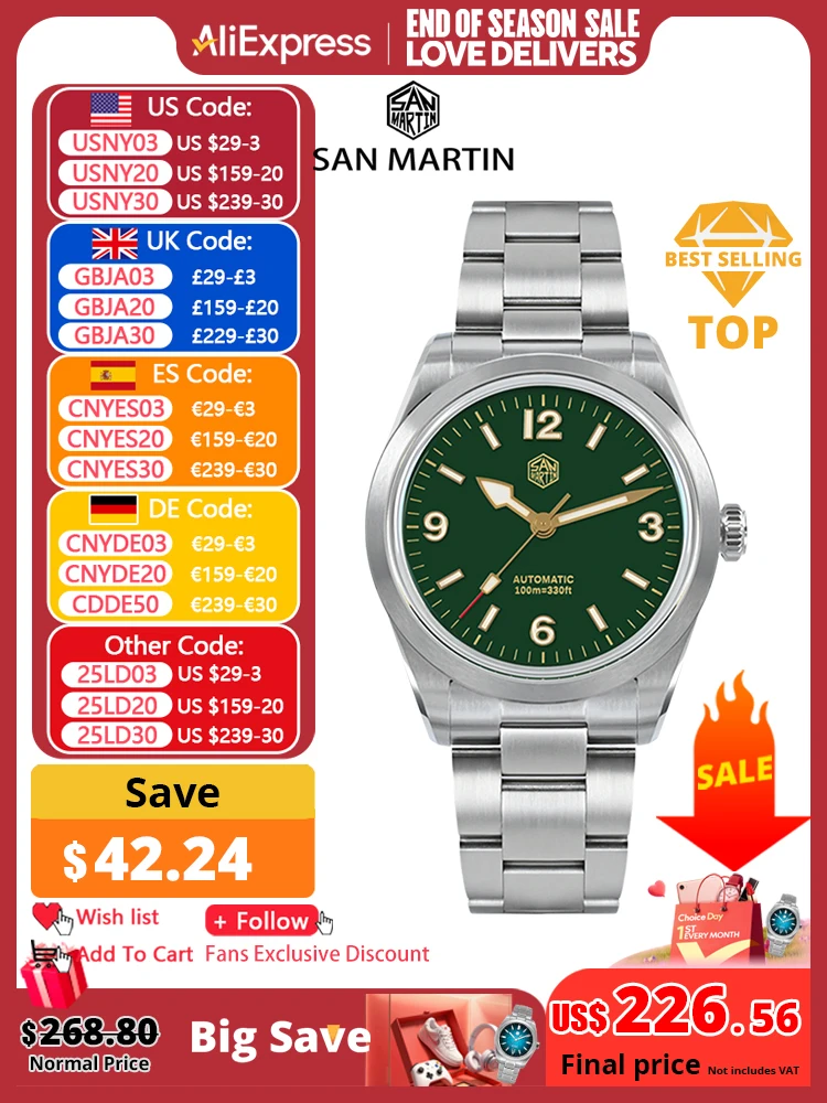 San Martin New 38mm Vintage Enamel Dial NH35 Men Sport Watch Explore Climbing Series Automatic Mechanical Sapphire 10Bar BGW-9