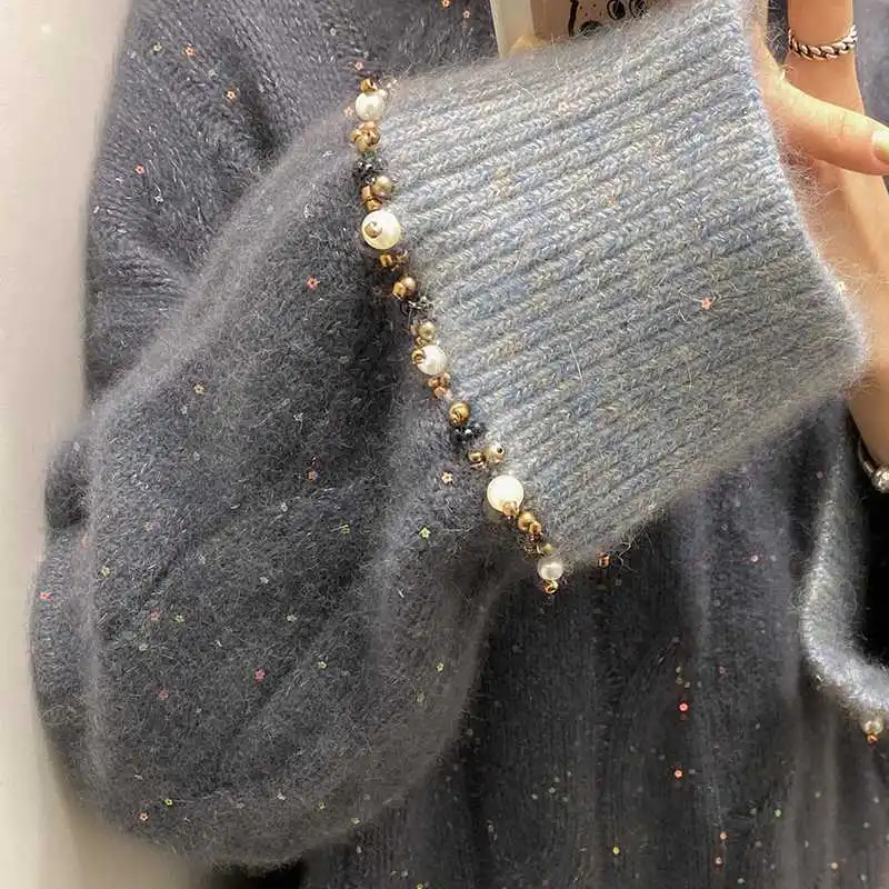 Chic Sequin Beading Sweater Women 2024 Autumn Winter New O-Neck Long Sleeves Warm Knitted Pullover Gentle Elegant Female Tops