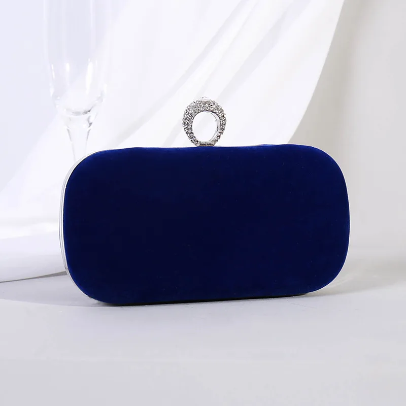 Retro Blue Velvet Small Clutch For Women Fashion Fine Rhinestone Ring Handbags Elegant Trendy Wedding Party Evening Bag Clutches