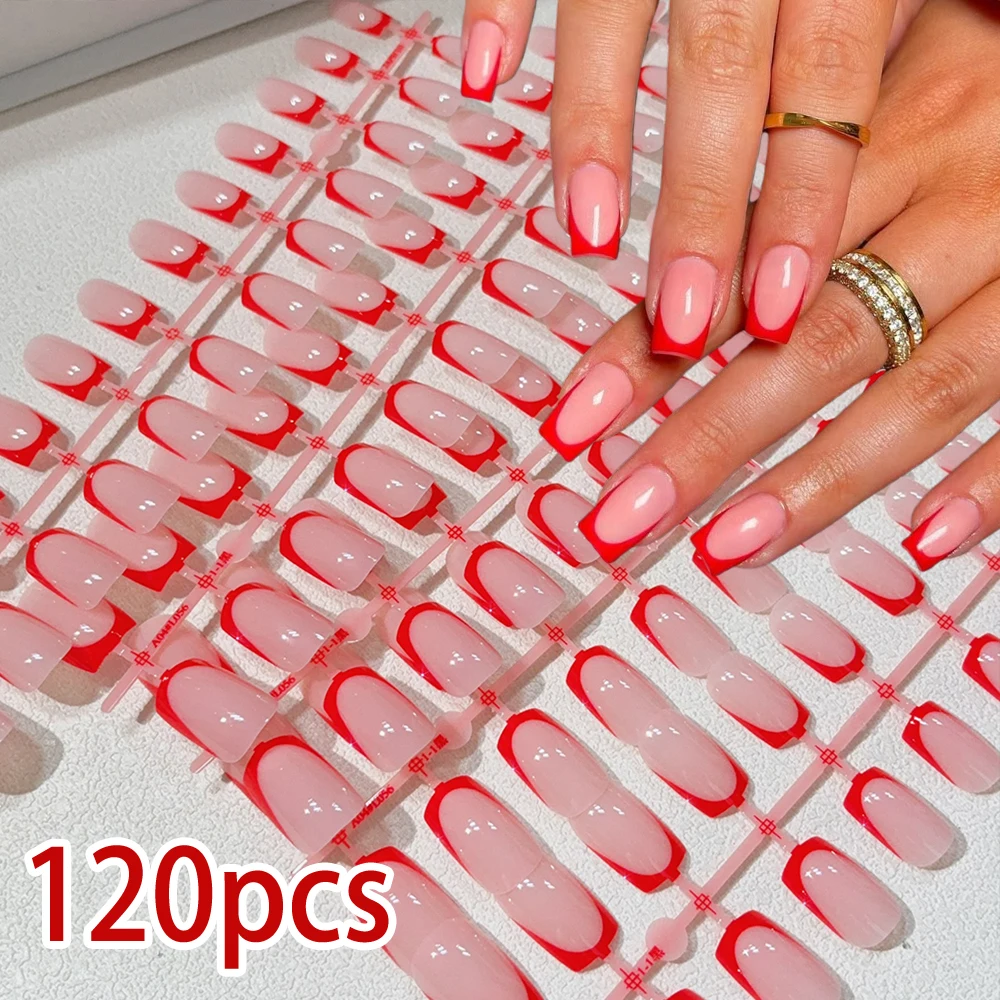 

120pcs Red French Tip False Nail Natura Nude Medium Square Press-On Nails Glossy Full Cover for Women Daily Wear Summer Nail Art