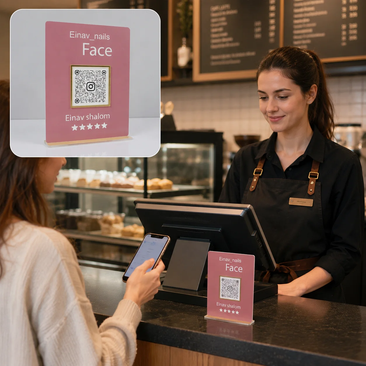 Soporte de pago con código QR de acrílico personalizado, logotipo personalizado, letrero de pago con escaneo para mostrador de restaurante, cafetería, tienda, escritorio.