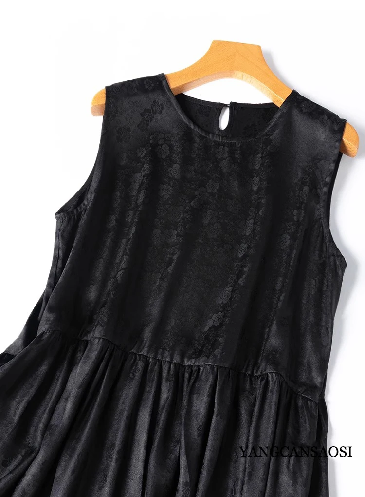 2024 Women's Summer Fashion New 100% Natural Mulberry Silk Jacquard Weave Fragrant Cloud Yarn Loose A-line Black Tank Top Dress