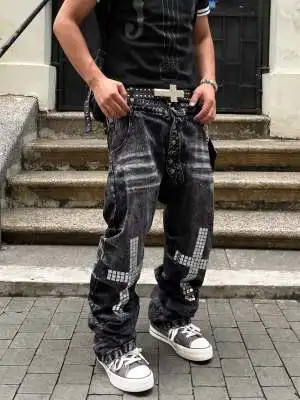 Fashionable High Street Double Waisted Lace Up Micro Flared men Jeans Y2K Retro Harajuku Washed Design for Men and Women Jeans