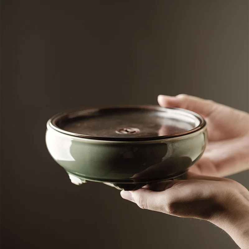 

Longquan Celadon Ceramic Tea Tray with Copper Dry Wet Separate Design Holder Stand for Gongfu Tea Set Mat