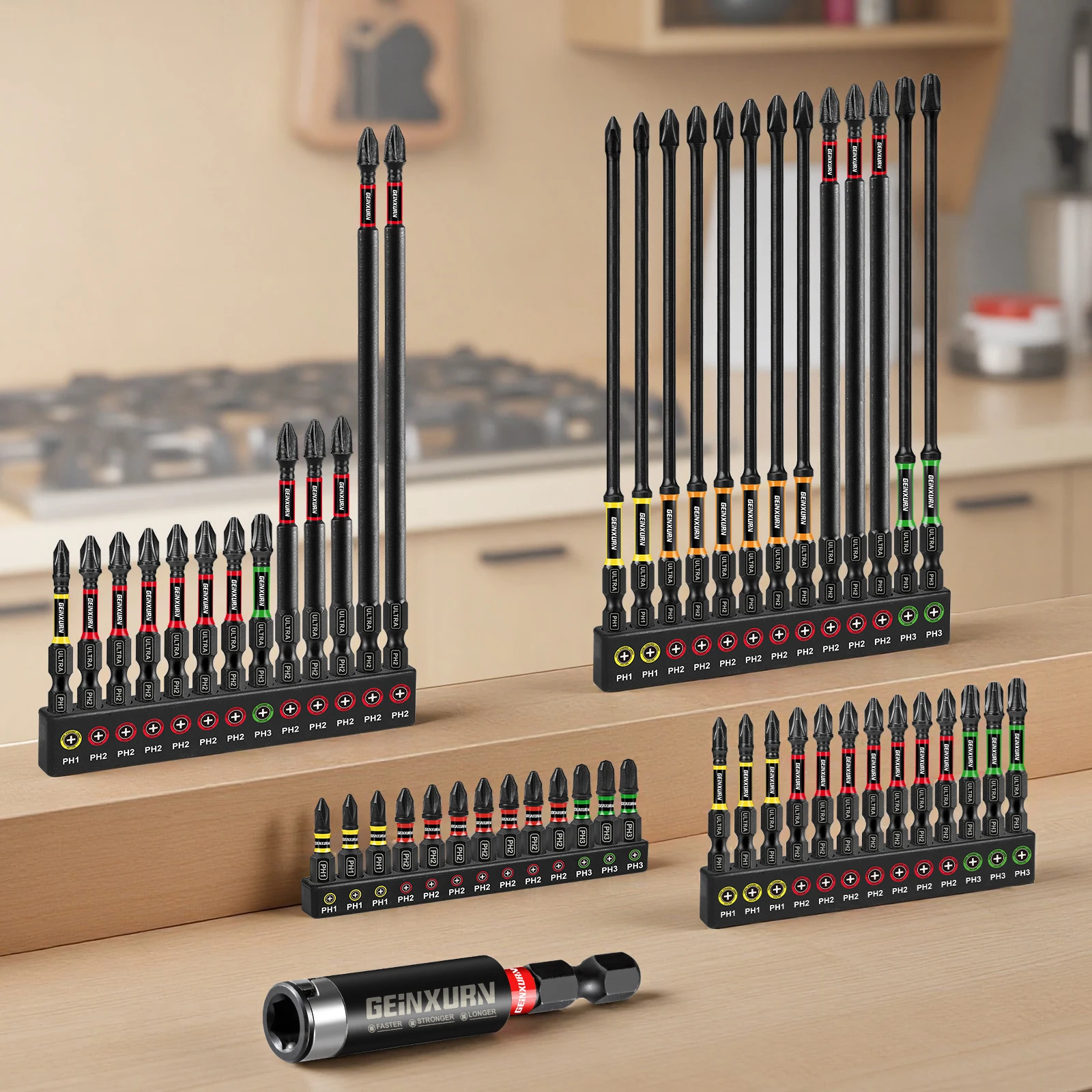 Geinxurn 53-teiliges Schlagschrauber-Bit-Set, 1"/2"/3"/6" Laser-Bits, S2-Stahl, Farbcodierte Magnetische Spitzen