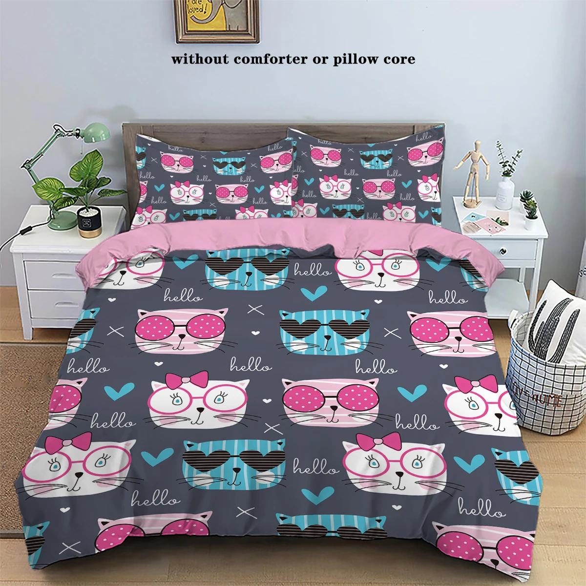 3 pieces of down set with gray cat print pattern (1 down duvet cover+2 pillowcases, no core), comfortable bedroom bedding