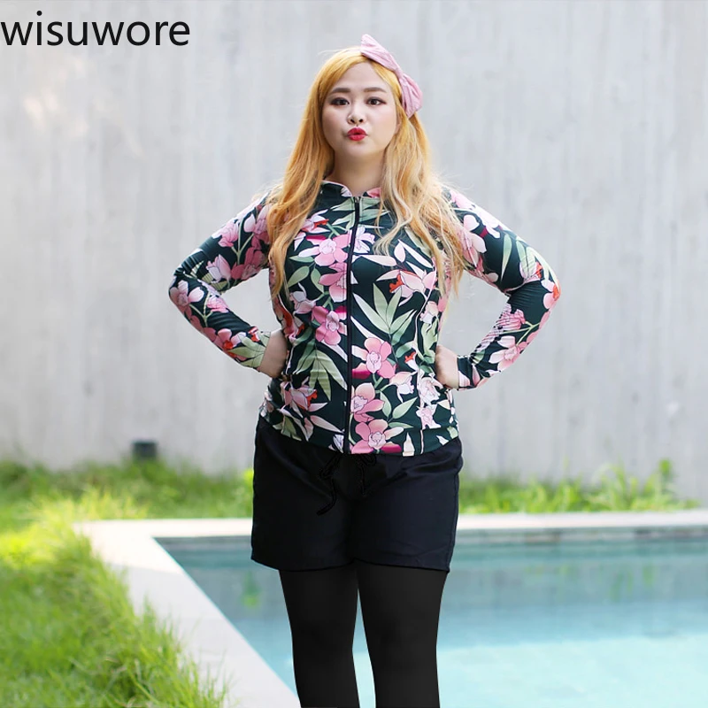 Wisuwore Plus Size Women Rash Guard Swimsuit 2023 Long Sleeve Swimsuit Sports Swimwear Sun Protection Beach Wear Bathing Suit