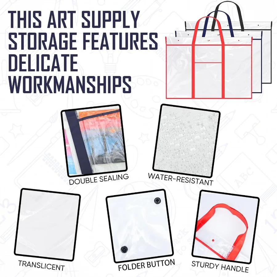 Paquete de 3 bolsas de portafolio de arte grandes para almacenamiento y exhibición de carteles, carpetas de portafolio de PVC duraderas con bolsillos para boletín de obras de arte