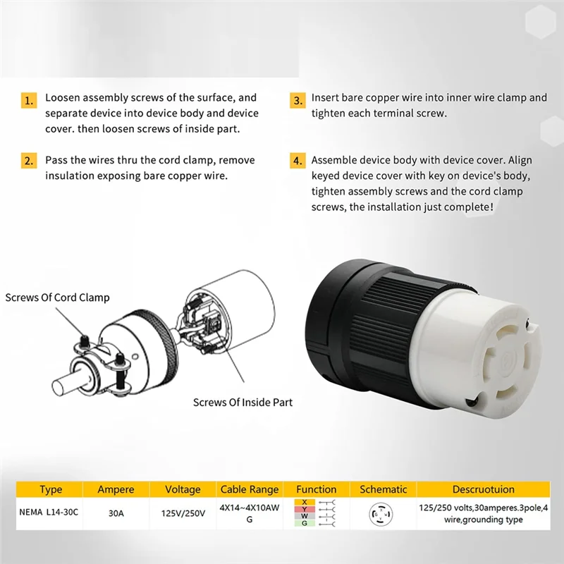 LLCS-30A Locking Plug And Connector Set 125/250V 3 Pole 4 Wire Grounding Electrical Replacement Industrial Power Connection
