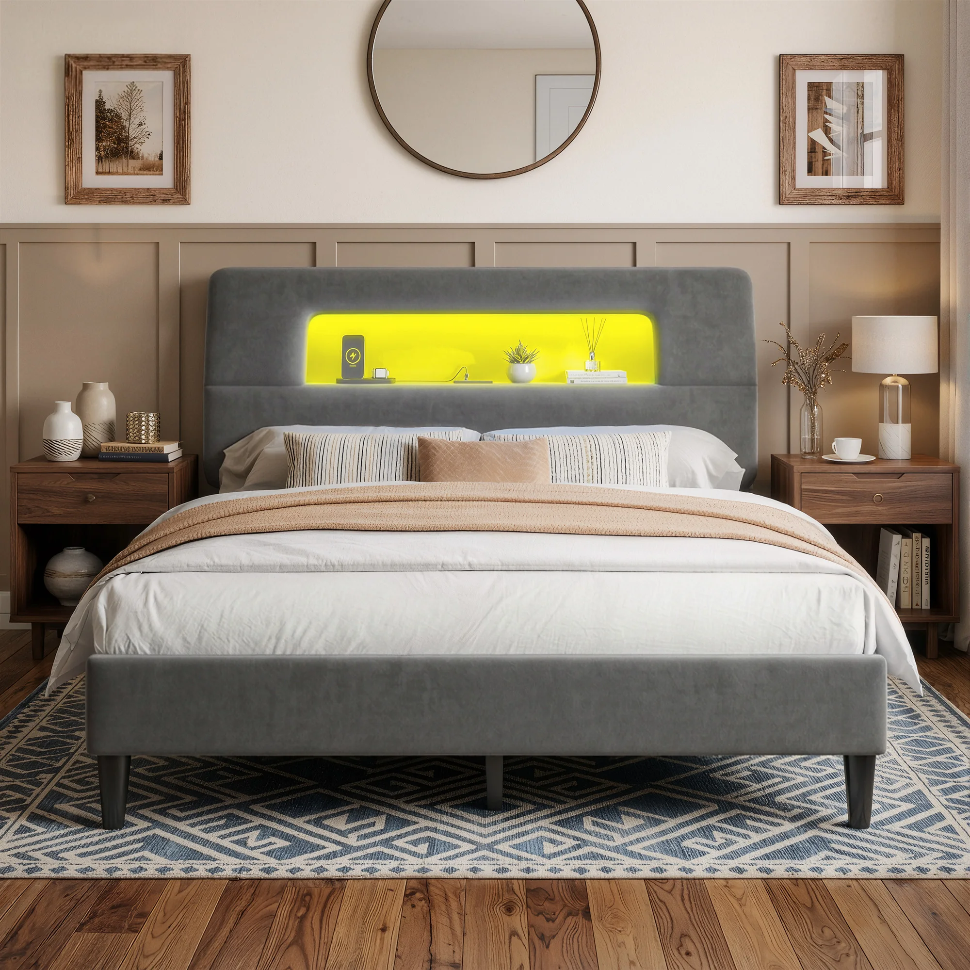 EnHomee Bed Frame with Ergonomic Storage Headboard, Upholstered Bed Frame with LED Lights & Charging Station, NO Noise