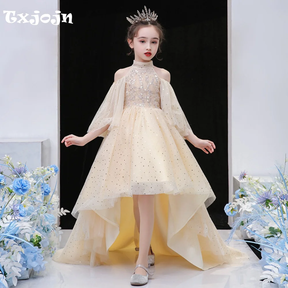 Girl's Ball Gown Sequin Wedding Flower Girl New Christmas Hi-low Princess Dress Toddler Teens Child Vestido Birthday Dress 3-14Y