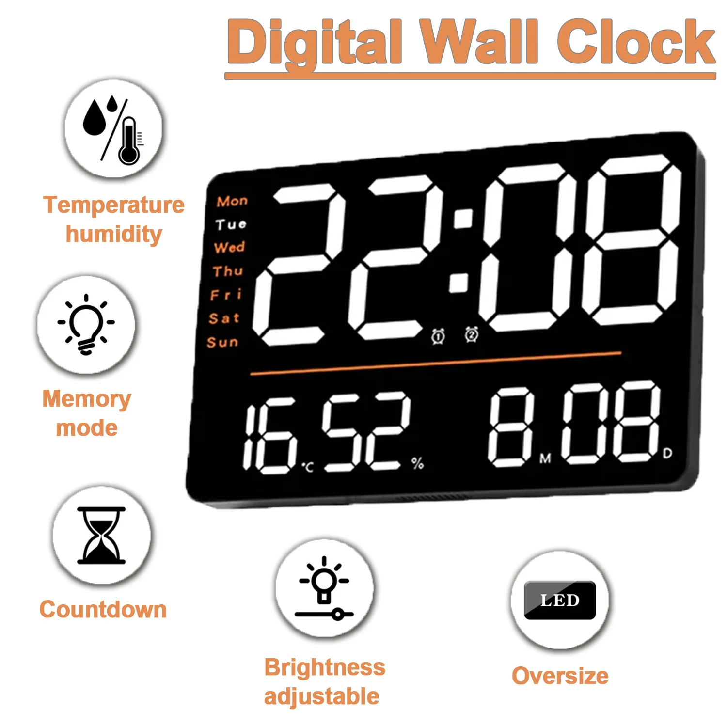LED Digital Wall Clock Large Screen Clock Adjustable Brightness TEMP Humidity Display Alarm Clock with Remote Control Home Decor