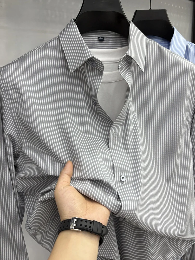 

Мужская рубашка Lormen Silk Long Sleeve с полосатым узором и воротником, деловая повседневная, немнущаяся, весна-осень, молодежная, модная