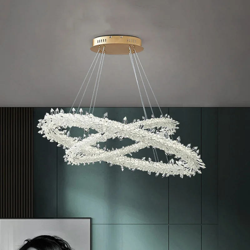 Candelabro de cristal transparente con cono de hielo moderno, lámpara colgante de anillo de brillo blanco LED, decoración del hogar, luminarias de suspensión para el salón