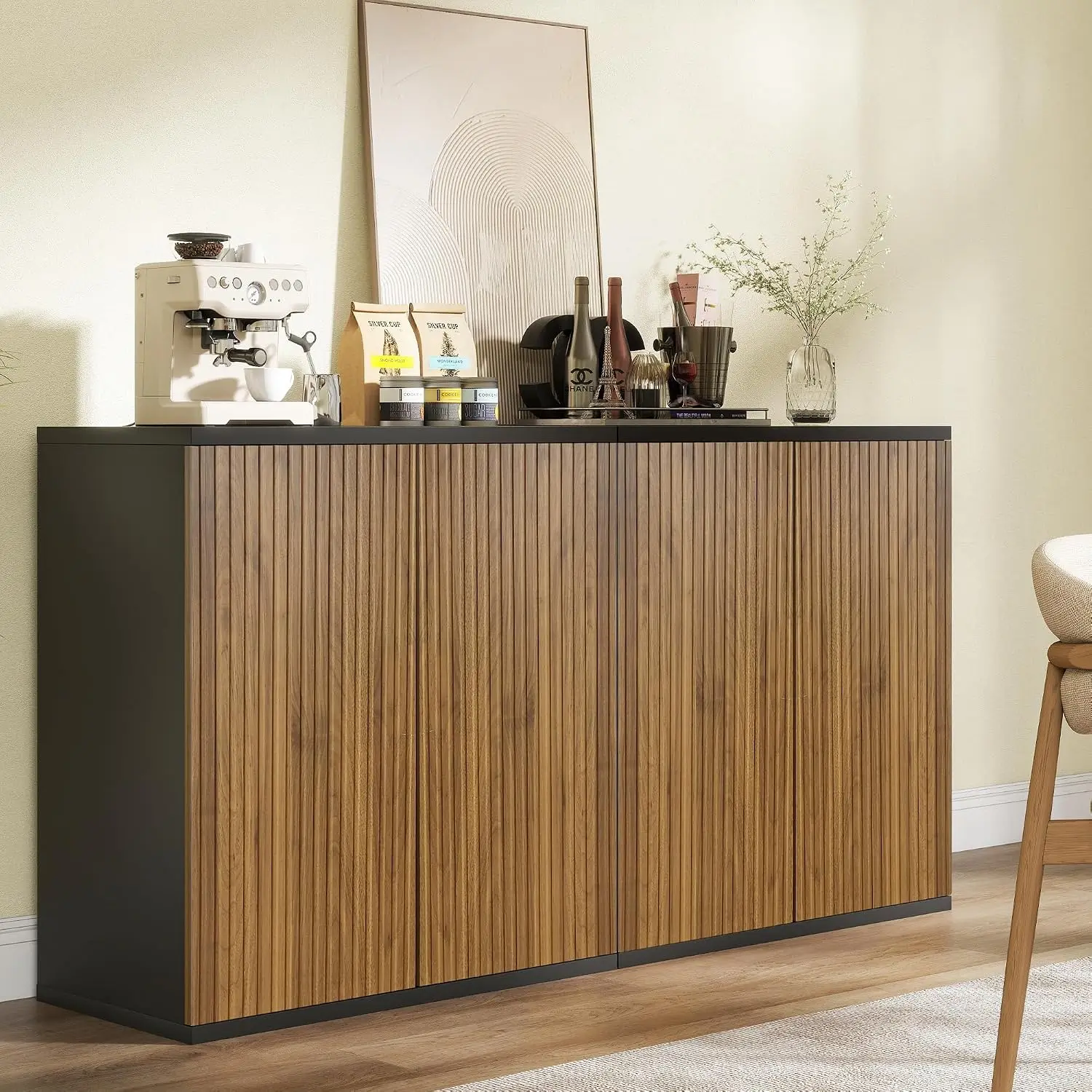 Walnut Fluted Wooden Sideboard Cabinet With Pop-Up Doors & Adjustable Shelves For Kitchen Coffee Bar, 2 Pieces, Customized