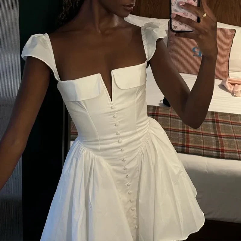 Vestido Sexy de corte a con escote cuadrado y escote en V profundo para mujer, vestido de fiesta con botones y manga corta de burbuja, Mini vestido ajustado de verano