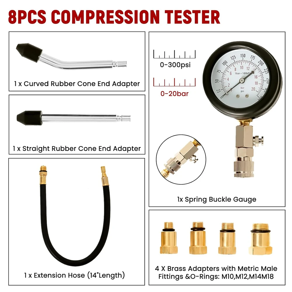 8pcs Petrol Engine Cylinder Compression Engine Pressure Gauge For Auto Petrol Gas Universal in-Line Spark Plug Engine Tester Kit