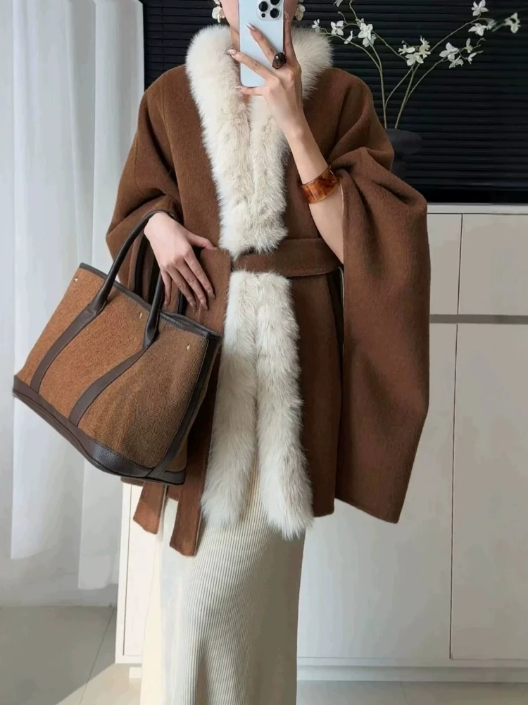 OFTBUY Damenmantel aus 100 % lockerer Wolle, Poncho-Cape-Jacke mit Gürtel und echtem Fuchspelzkragen, warme, elegante Winteroberbekleidung – Detail 8