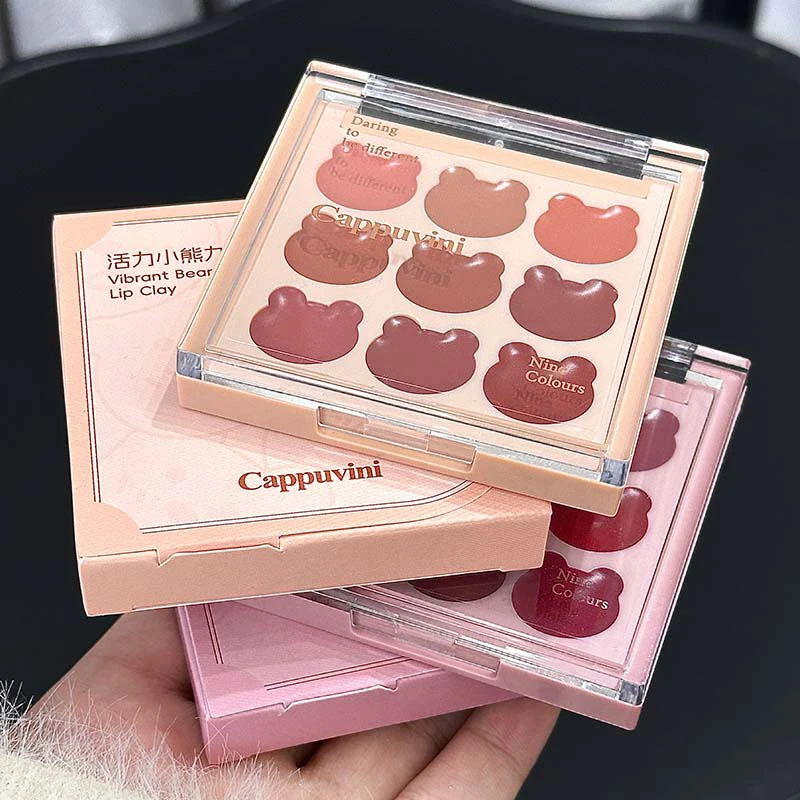 موس شفاه كابوفيني 9 ألوان مخملي - لمسة نهائية غير لامعة وطبيعية، يدوم طويلاً، غير قابلة للتجفيف، تصميم دب لطيف للمظهر الشبابي،