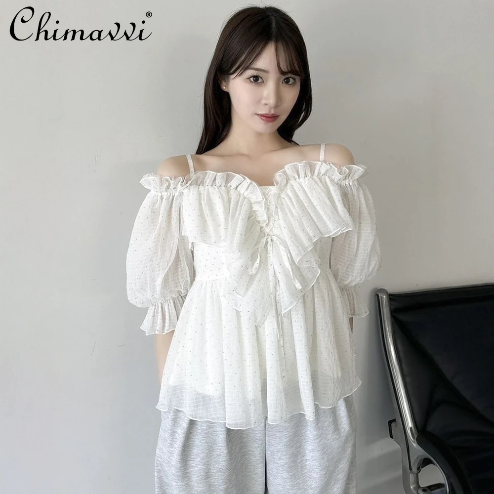 일본 스타일 체스트 3D 러플 엣지 오프숄더 랜턴 슬리브 블라우스 2025 신상 페어리 스위트 메쉬 슬림 핏 우아한 여성 블라우스