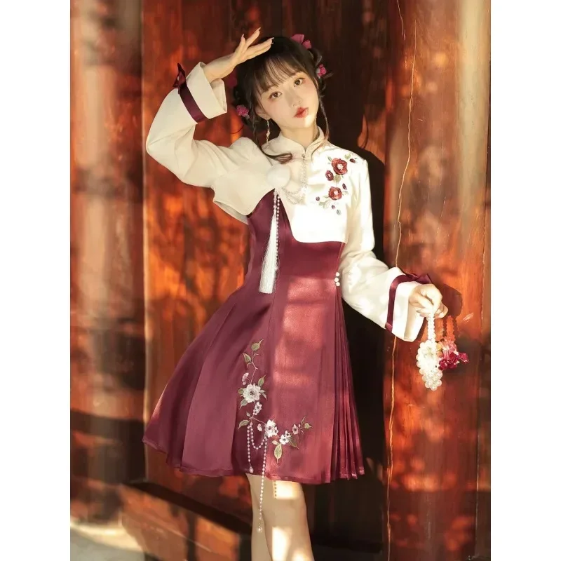 2023 Herfst Vintage Bordeaux Rose Borduren Lange Mouw Lolita Jurken 2 Stuks Vrouwen Verbeteren Chinese Stijl Hanfu Party Jurken