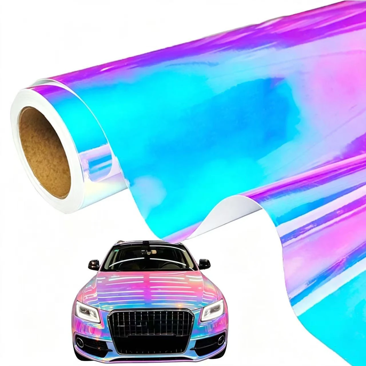 Premium Holographische Regenbogen-Weiße Spiegelfolie Selbstklebende Auto- und Motorrad-Folierung Aufkleber mit Luftkanälen