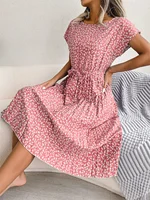 Women Spring Summer Short Sleeve High Waist Chic Dress Fashion Floral Pleated A Line Long Dress - Image 3