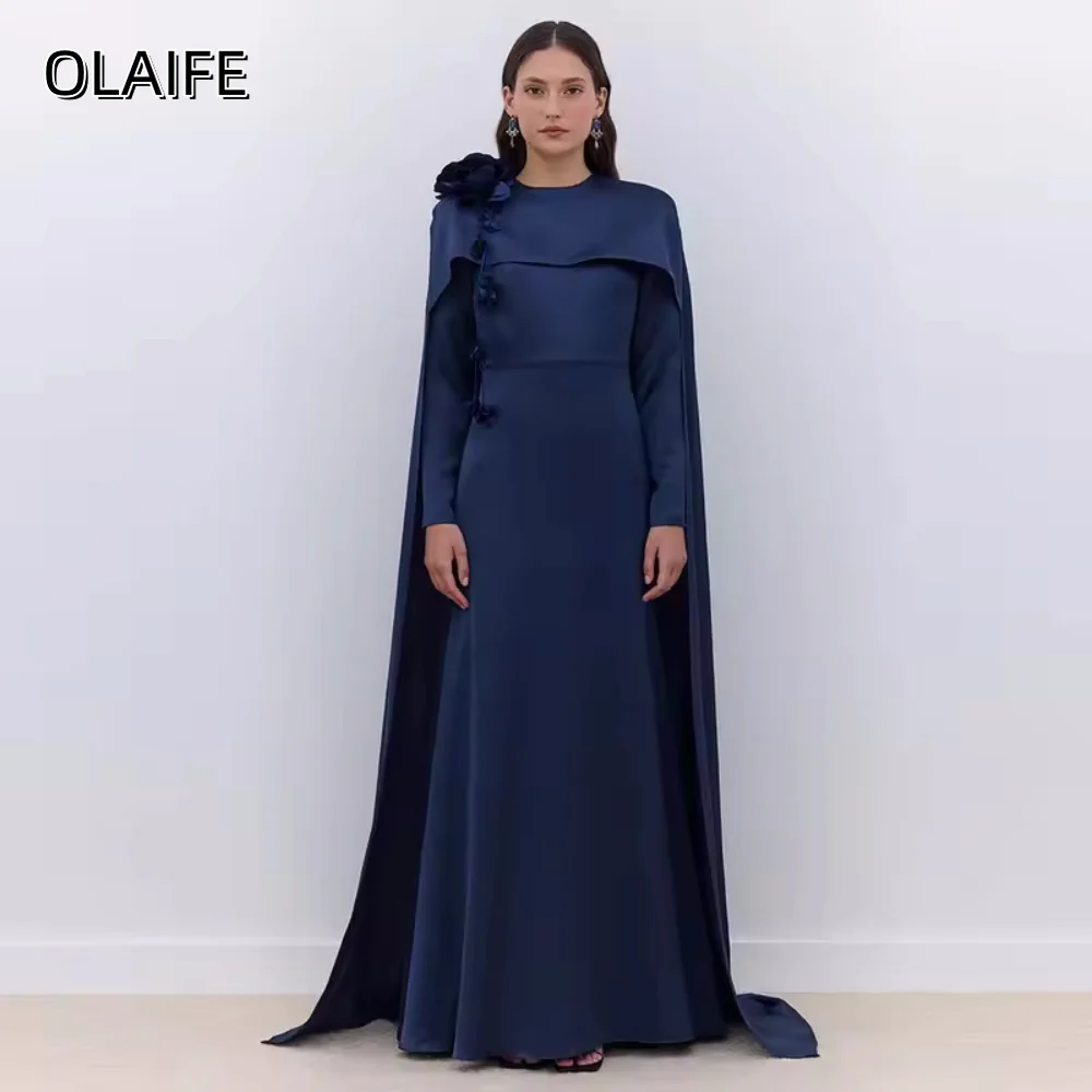 ซาติน O-Neck ชุดราตรี 3D ดอกไม้ A-Line Elegant Party Gowns Cape ที่กําหนดเองแขนยาว Sweep Train vestidos de noche