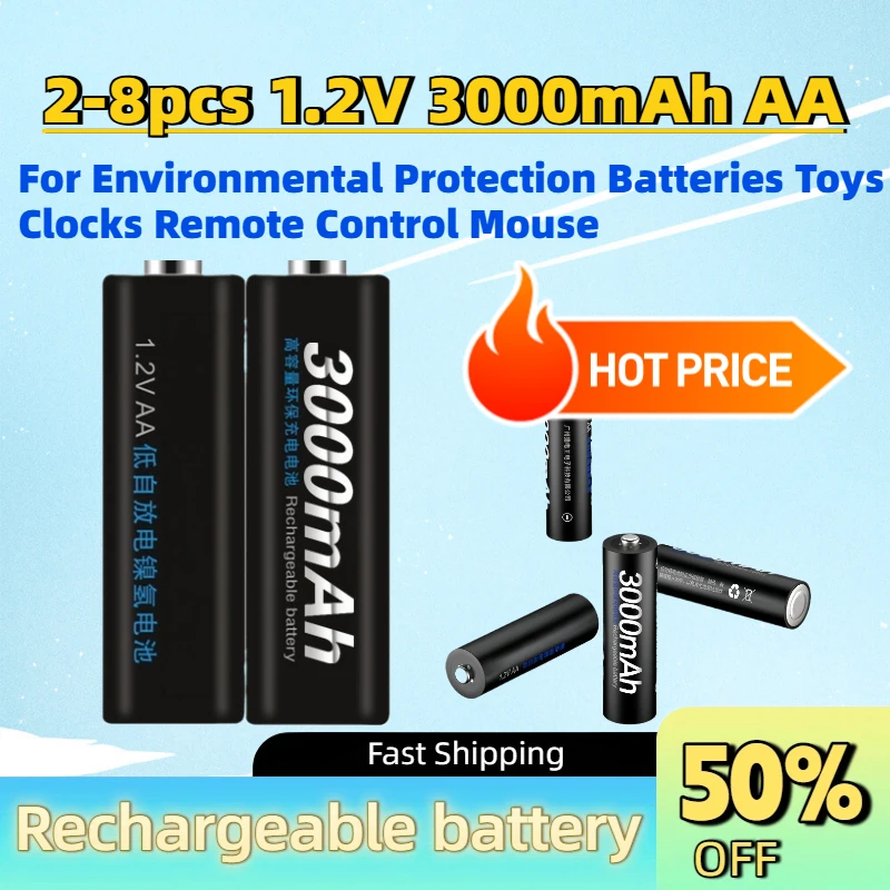 New 2-8pcs 1.2V 3000mAh NI-MH AA Rechargeable Battery for Environmental Protection Batteries Toys Clocks Remote Control Mouse