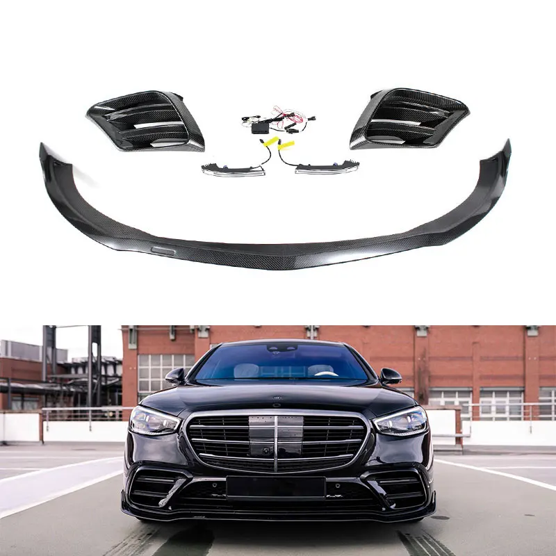 

STLF2021 2022 2023 Year S Class W223 KO Style Carbon Fiber Car Front Lip Bumper Diffuser Fog Light Cover Auto Parts System