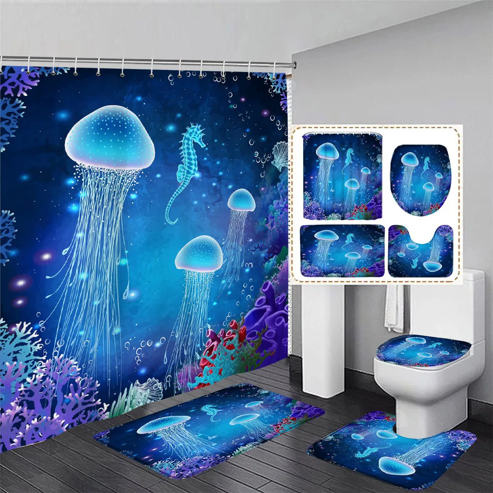 Funny Dolphin Shower Curtain Set Cute Ocean Animals Coral Underwater Scenery Bathroom Decor Non-slip Rug Bath Mats Toilet Cover