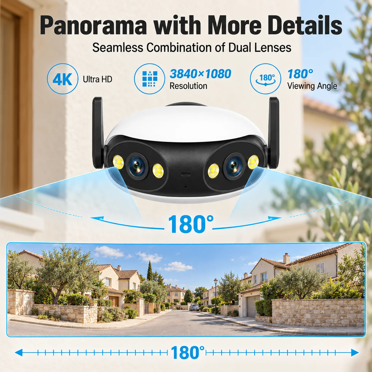 8MP Ultra HD Dual Lens WiFi Security Camera 180° Panoramic Wide Angle Dual View Outdoor CCTV Camera Color Night Vision Motion Detection Two Way Audio IP66 Weatherproof Wireless IP Camera for Home Garden Yard Garage and Entrance Surveillance