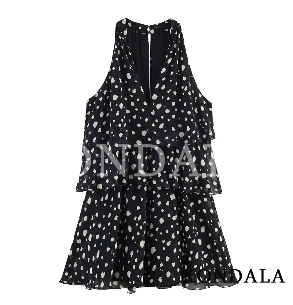 KONDALA Damen Freizeitkleid mit Unregelmäßigem Punktmuster Sommer Strand Urlaub Mehrlagige Rüschen V-Ausschnitt Kurzkleid 2026 Trendiges Damen-Minikleid