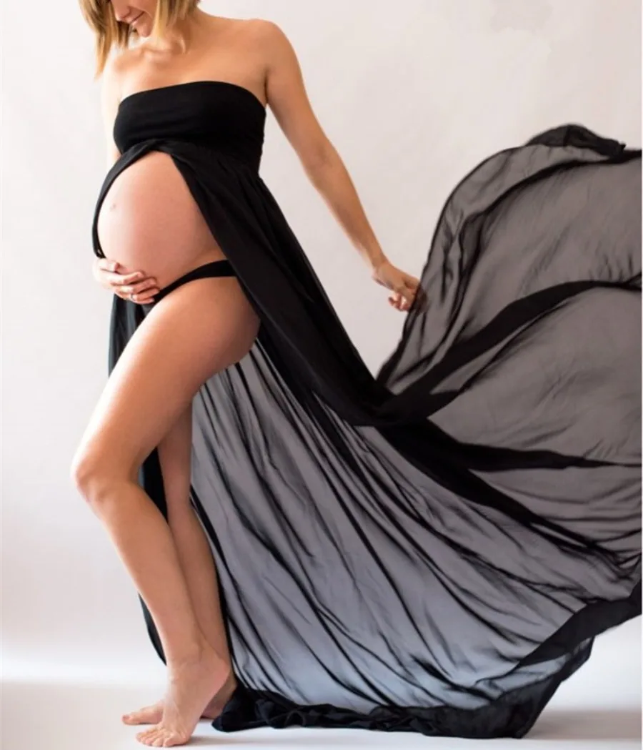 Elegant Maternity Dress 2026 Summer New Strapless Solid Color Chiffon Splicing Front Slit Pregnant Women's Photogrphy Long Dress