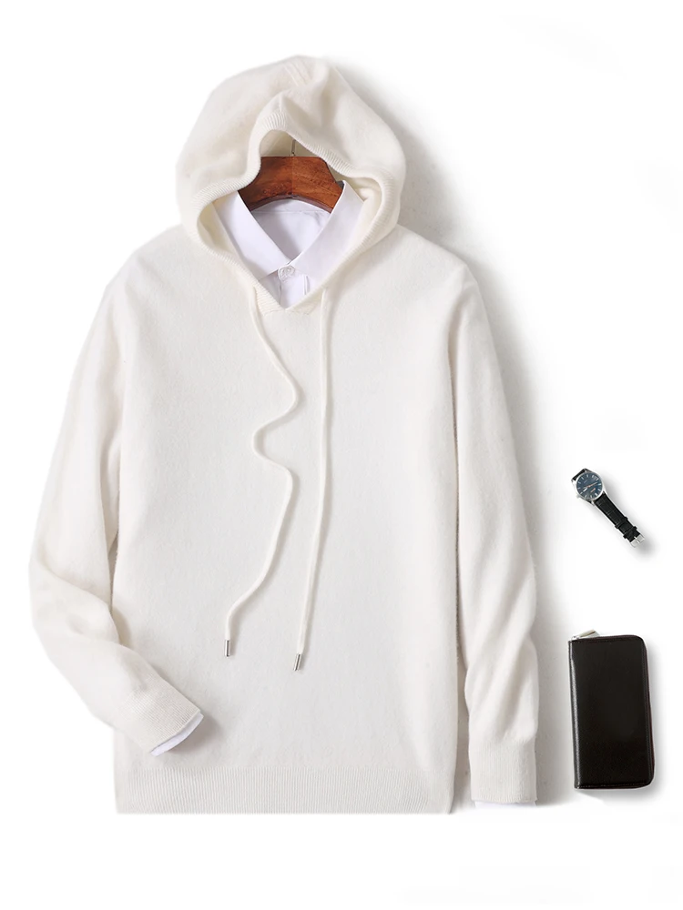 100% Merino Wool Men's Hoodie Autumn Winter Casual Fashion Soft Hooded Knitted Wool Sweater