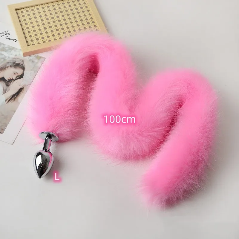 Anal Sex Toys of Long Pink Faux Fur Fox Tail with Stainless Steel Metal Butt Plug for Fetish Fantasy Flirting Adult Supplies