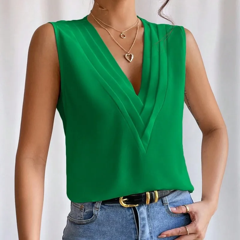 

Ladies Sleeveless White Blouse 2025 Summer New Multi Layered V-neck Solid Tank Top For Women Shirts Blusas Femininas