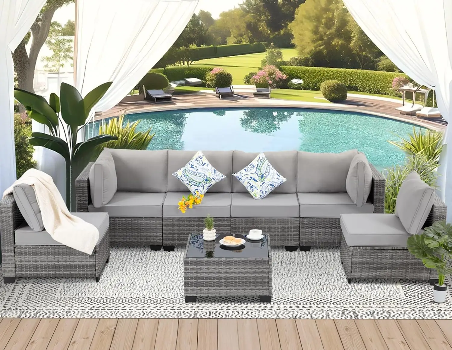 

7 Pieces Outdoor Patio Furniture Set, Wicker Sectional Sofa Set Rattan Modular Patio Conversation Sets with Cushions Couch Set &