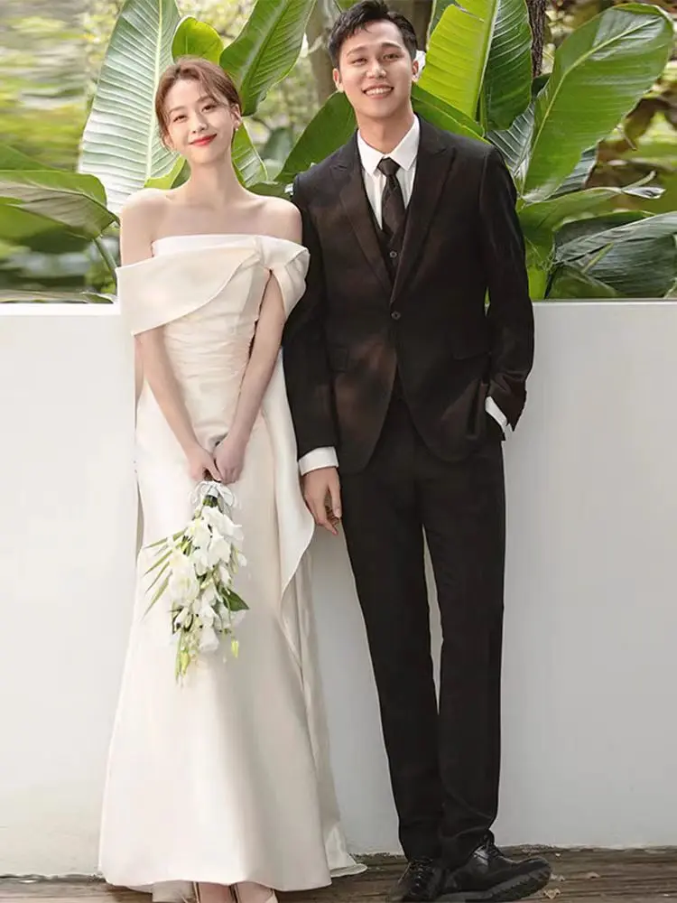 

Elegant Simple Satin Wedding Dress One Shoulder Long Evening Gown for Bridal Reception Guest Meet out Light Fairy Tale Style