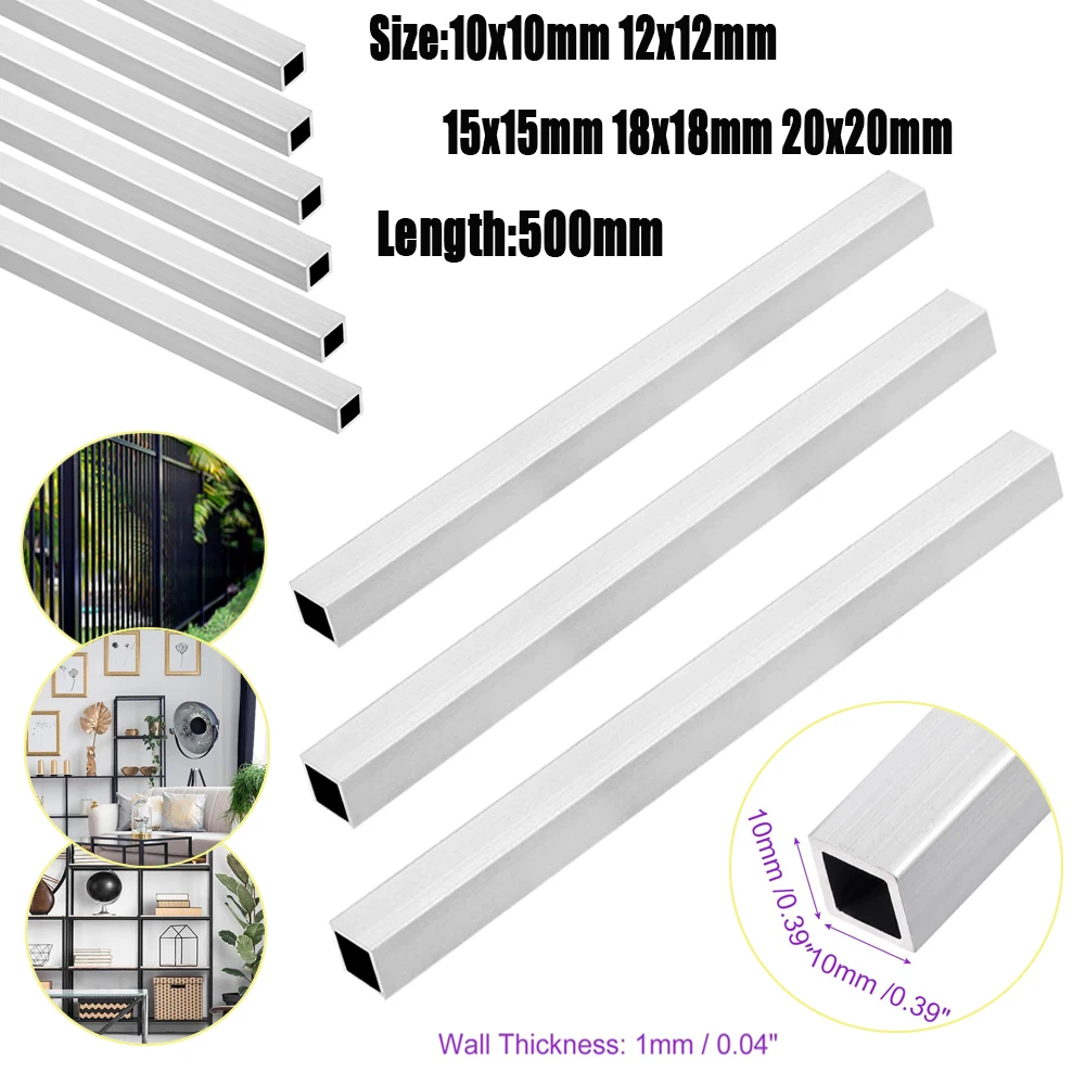 1-2pc 500mm 304 Stainlesss Steel Square Tube, Hollow Square/Rectangular Steel Rod 10-40mm for DIY & Industrial Use