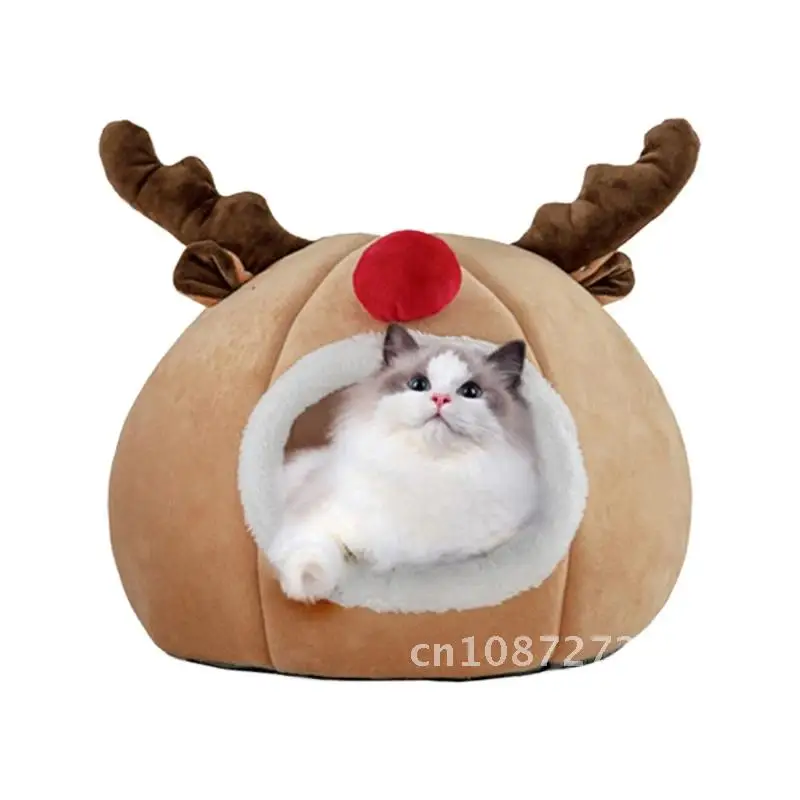 Igloo Pet Bed House Soft Indoor Enclosed Small Cave Tent for Kittens Cushion Animals Removable Reindeer Cats Puppies