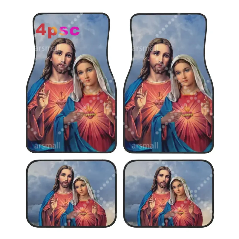Sacred and Immaculate Hearts 4PCS Car Floor Mats Set  Universal Front Rear Foot Mats Catholic Jesus and Mary Protection Mat