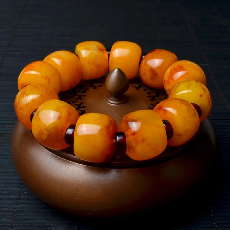 Amber Second Generation Old Beeswax Barrel Bead Bracelet for Men and Women
