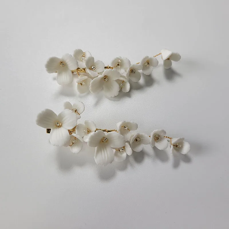SLBRIDAL Handmade Ins Style Alloy Ceramic Flower Crystal Bridal Hair Clip Barrettes Wedding Headpieces Women Hair Accessories