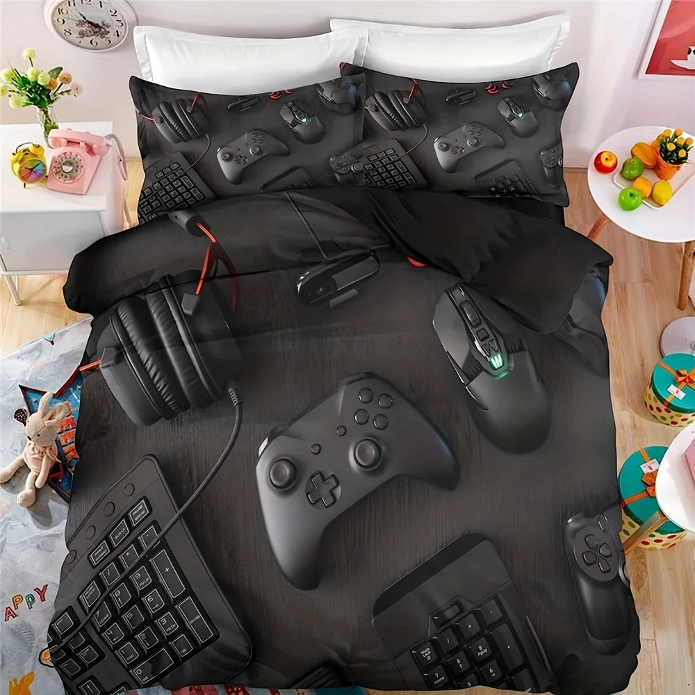 Modern Gamepad Print Duvet Cover Set Youth Video Game Controller Mouse Keyboard Headphone Gaming Bedding Set For Bedroom Dorm