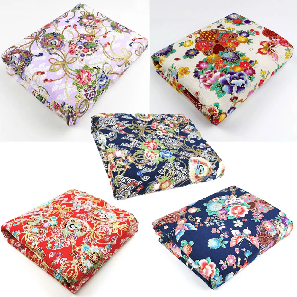 5PCS Japanese Fabric Cherry Blossom Bronzing Cotton Fabric Material Craft Kimono DIY Patchwork Sewing Dolls Bag Needlework Cloth