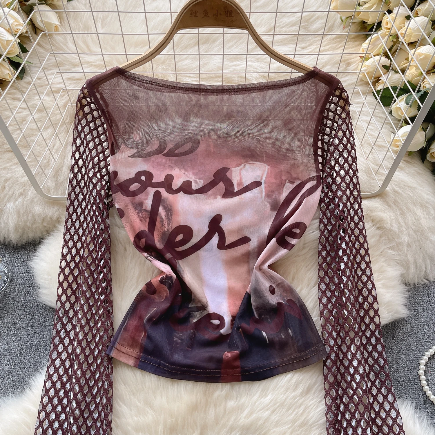 

Fashion Sexy See-through T Shirts Women Clothes Female Strange Taste Girl Hip-hop Clothes Y2k Aesthetic Mesh Hollowing Smock B