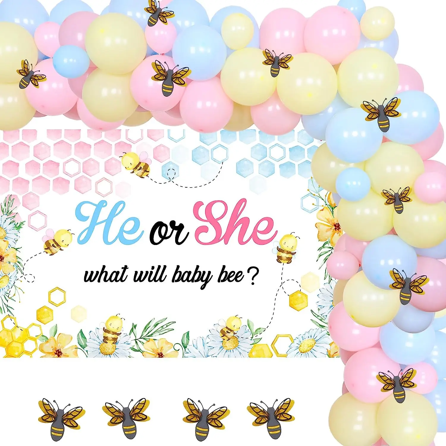 

Bee Gender Reveal Decorations Pastel Balloon Arch with He or She What Will Baby Bee Backdrop Bee Stickers for Baby Reveal Party