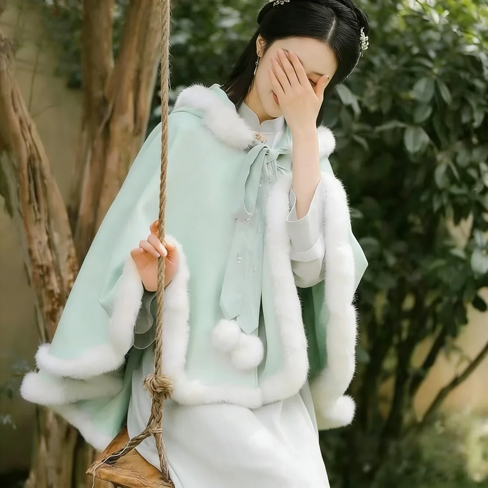 2024 Autumn Winter Women Sweet Lolita Cloak Cute Bear Ear Hooded Outwear Kawaii Clothes Chinese Buckle Button Up Neck Cloaks